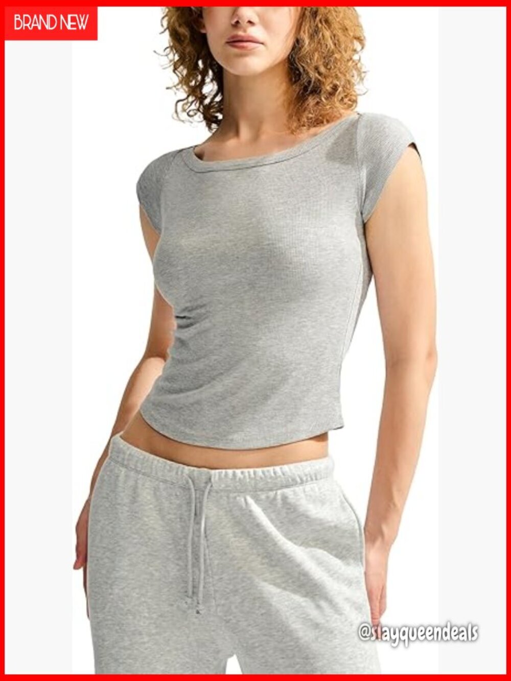 Ribbed Short Sleeve Boat Neck Crop Top Slim Fit Tee Women's T-Shirt
